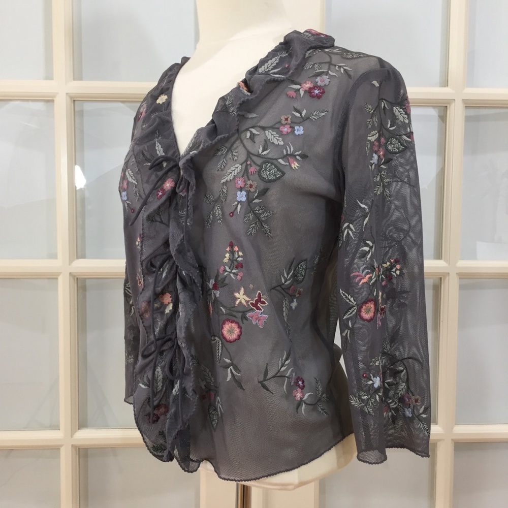 J.Jill Embroidered Floral Sheer Blouse Fluted Sleeve Top XS - Picture 2 of 15